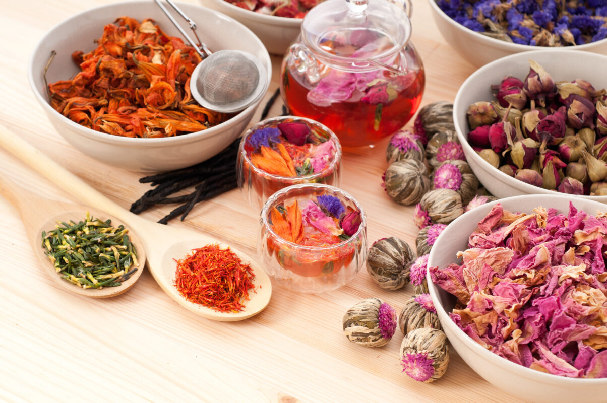 Herbal natural floral tea infusion with dry flowers ingredients